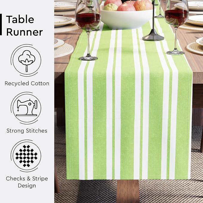 Encasa XO Table Runner, Woven Cotton Dining Runner 13"x59" Franca Lime Stripes - Image 3