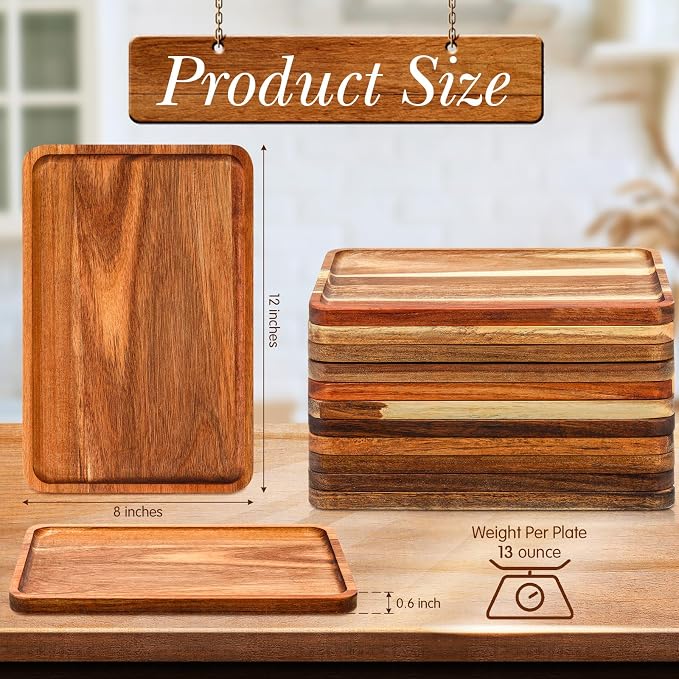 Roshtia 12 Pcs Acacia Wood Serving Tray Rectangular Wooden Serving Platter - Image 2