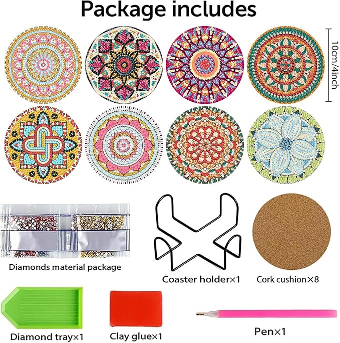 Benjenes 8 PCS Mandala Diamond Art Coasters Kits | Diamond Paintings Coasters - Image 2