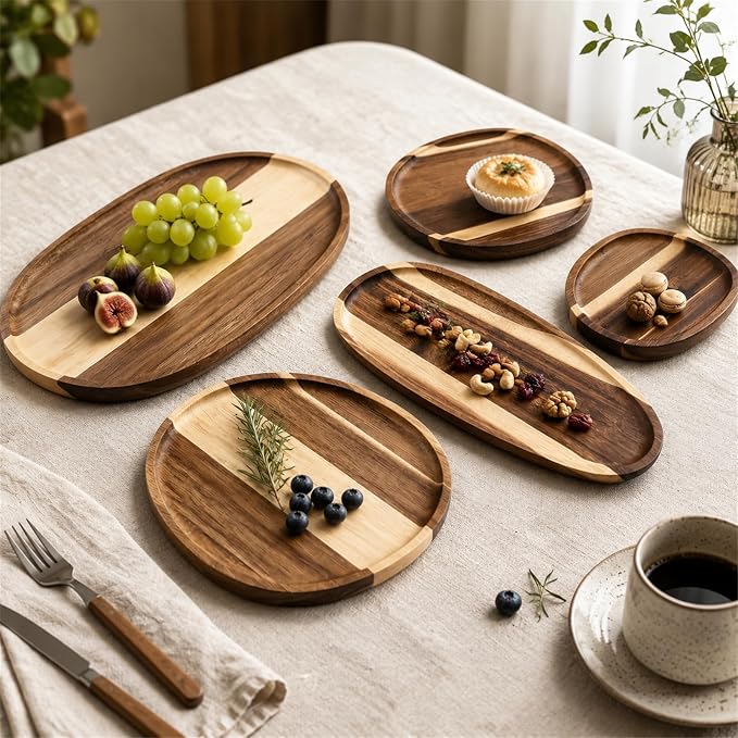 Okllen Set of 5 Small Acacia Wood Serving Platter and Trays, Irregular Oval - Image 9