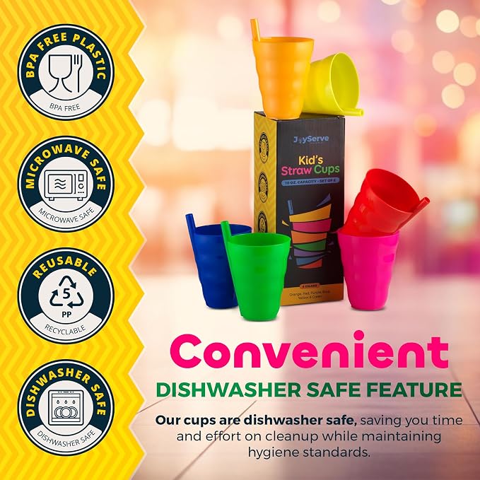 JoyServe 10 Oz Kids Straw Cups BPA-Free Stackable Drink Tumblers | Built-In - Image 7
