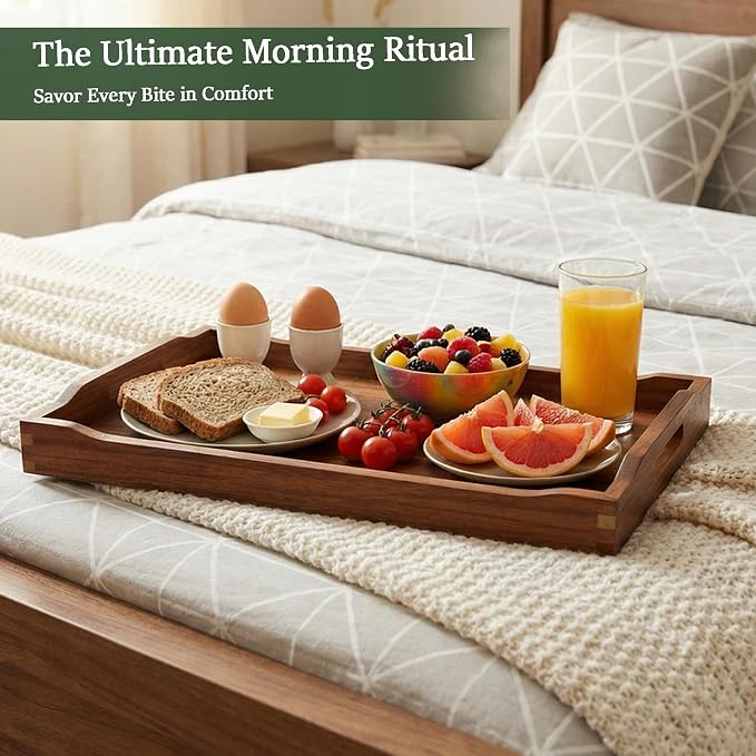 Acacia Wood Serving Tray with Handles, Rectangular Wooden Ottoman Tray - Image 2