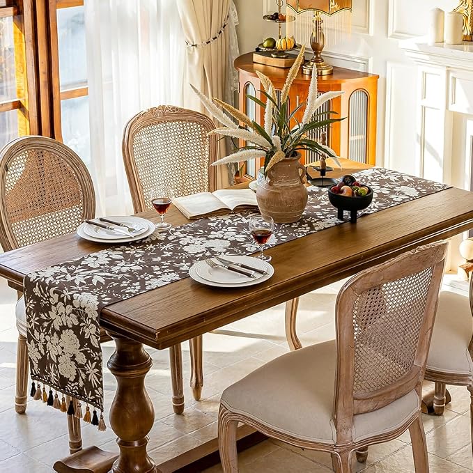 Botanical Floral Dining Table Runner Dark Brown 13 x 71 Inch | Jacquard Flower - Image 4