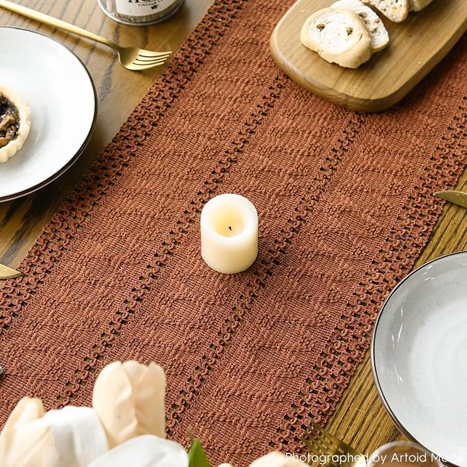 Artoid Mode Caramel Woven Farmhouse Hollow Table Runner 12x60 Inch | Holiday - Image 5