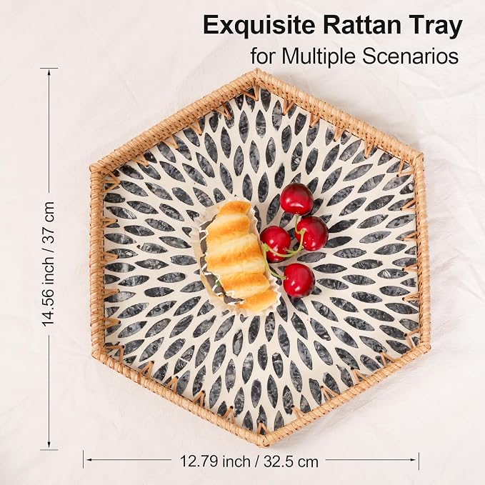 Hexagon Rattan Tray with Mother of Pearl Inlay, Rattan Serving Tray - Image 9