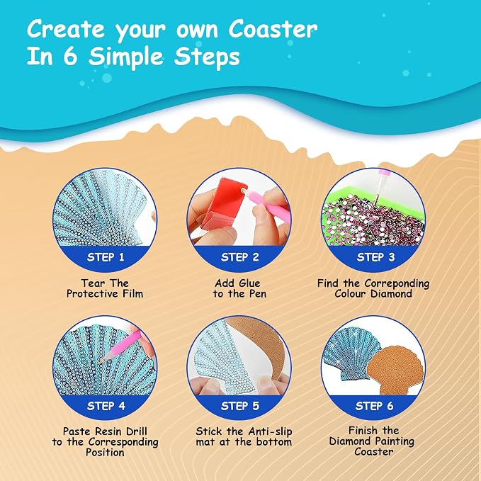 8 pcs Diamond Painting Coasters | Diamond Art Coasters | Sea Shells Diamond Art - Image 5