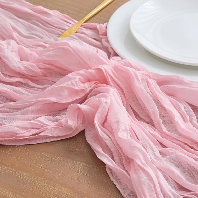 Asee'm 2pcs Blush Pink Cheesecloth Table Runner Summer 10FT Gauze Sheer | Boho - Image 4
