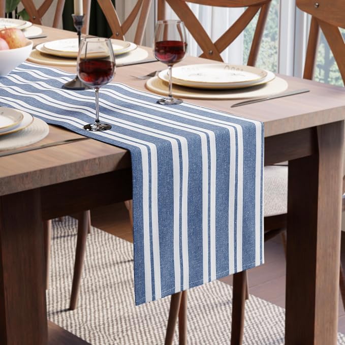 Encasa XO Table Runner, Woven Cotton Dining Runner 13"x91" Franca Blue Stripes by EncasaXO