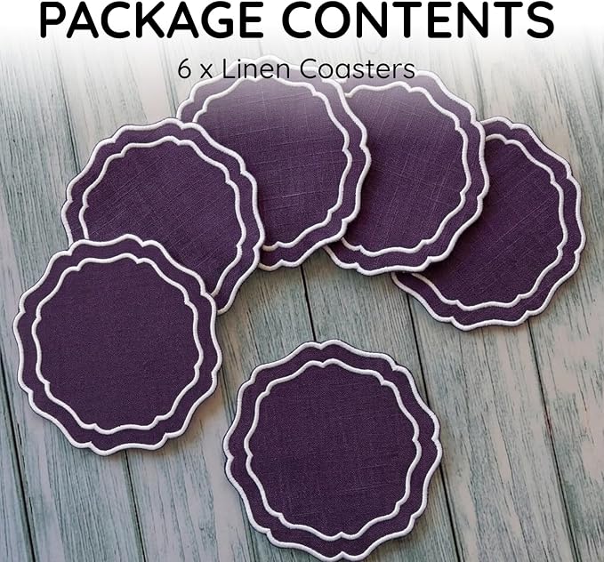 Drink Coasters Set of 6, 6x6 inch, Absorbent Linen Drink Mats - Image 2