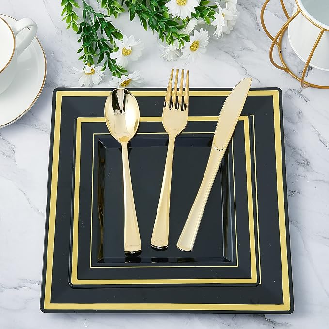 25 Guests Plastic Plates Set Gold Disposable Dinnerware Set | Include 25 Pc 10" - Image 4