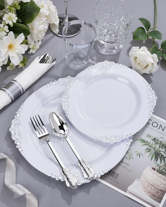 Nervure 175Pcs Silver Plastic Plates, Plastic Dinnerware Set - Image 4