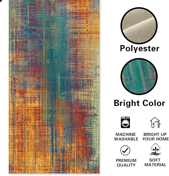 Vintage Blue Orange Dining Table Runner, Retro Abstract Messy Rust | Painting - Image 3