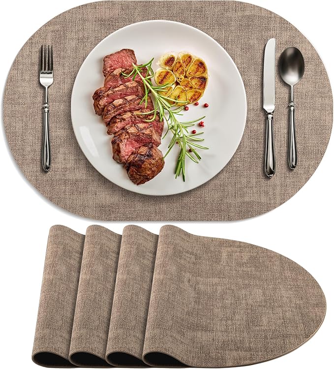 Placemats Set of 4 Non-Slip, Heat Resistant Oval Faux Leather Place mats Double by Delicateandelegantplacemats