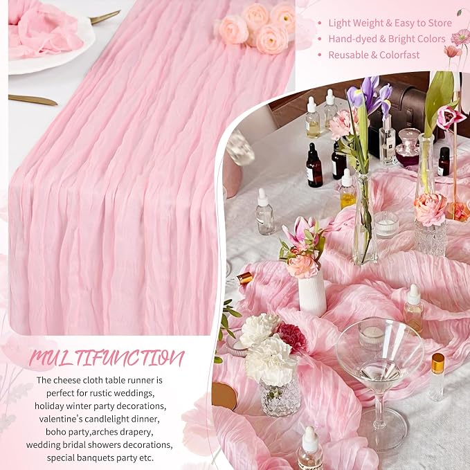 Showgeous 4 Pack Light Pink Cheesecloth Table Runner, 17 x 108 Inches | Boho - Image 5