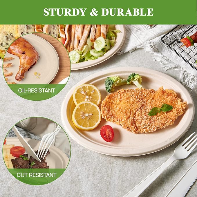 Vplus 100% Compostable Oval Paper Plates 12 inch 120 Pack, Nature | Super Strong - Image 4