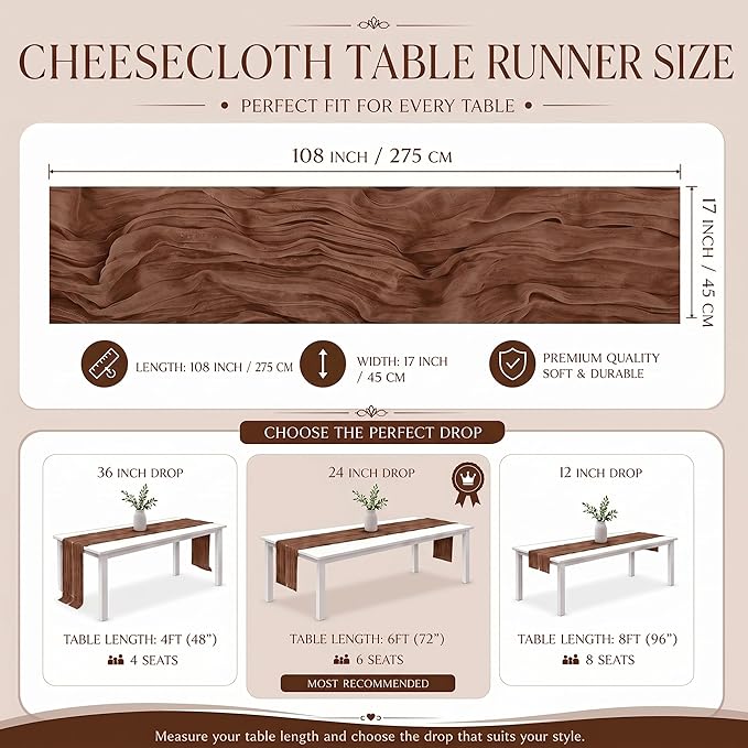 12 Pack Brown Cheesecloth Table Runner 17x108 Inch Boho Rustic Semi Sheer Gauze - Image 3