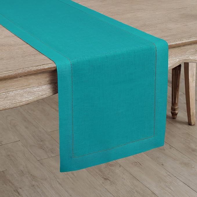 Solino Home 100% Pure Linen Table Runner Teal, Classic Hemstitch 14 x 48 in | - Image 2