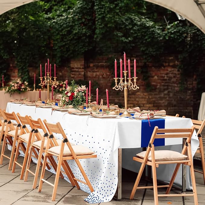 8Pack Disposable Plastic Tablecloths and Satin Table Runner White and Royal - Image 7