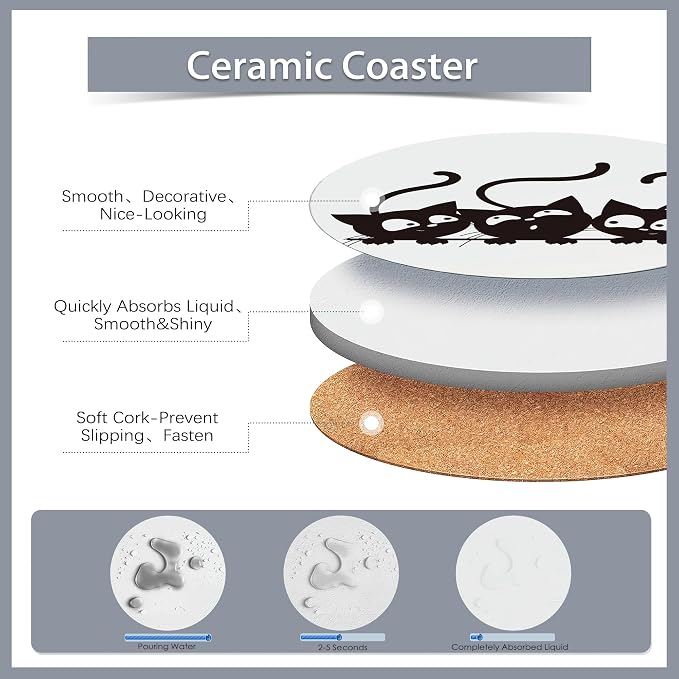 Drink Coasters Set of 6 with Holder, Cute Black Cat Absorbent Ceramic Coasters - Image 3