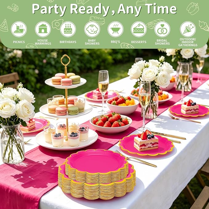 50 Pcs Hot Pink Paper Plates Disposable, Dessert Cake Plates, - Image 3