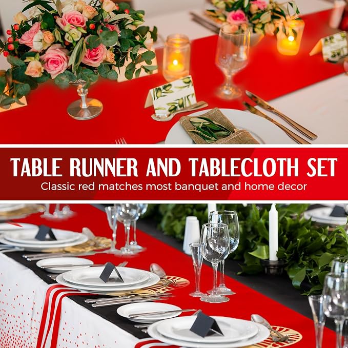 8 Pack White and Red Disposable Plastic Tablecloths and Satin Table Runner Set - Image 5