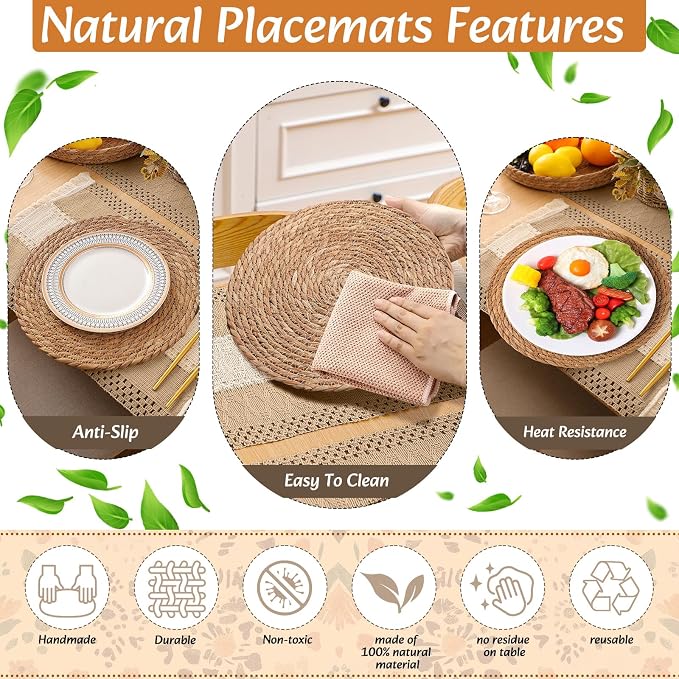 6 Sets Boho Decoration Placemats Round Woven Placemats, Cloth Napkins, Wood - Image 5