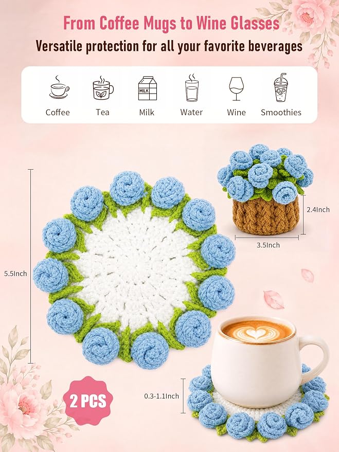 Crochet Flower Bouquet Coasters, Cotton Rose Gifts - Image 2