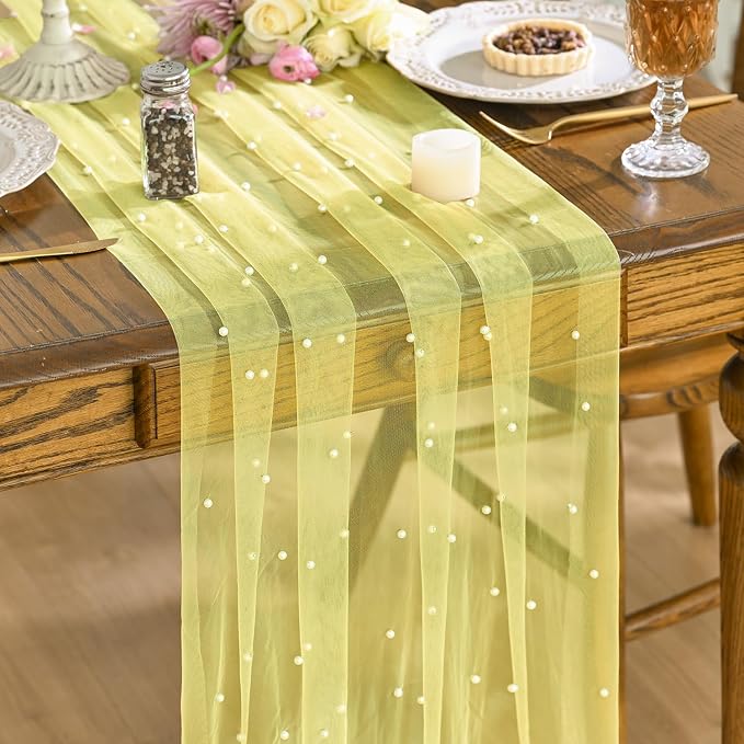 Artoid Mode Pearl Yellow Gauze Table Runner 59x120 Inch, Seasonal Sheer Kitchen by ArtoidMode