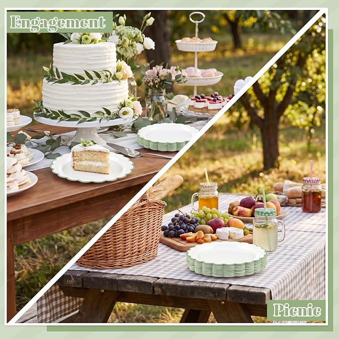 NatNarr 30 Pk Sage Green Paper Plates 9" Scalloped Green White Party Plates | - Image 5