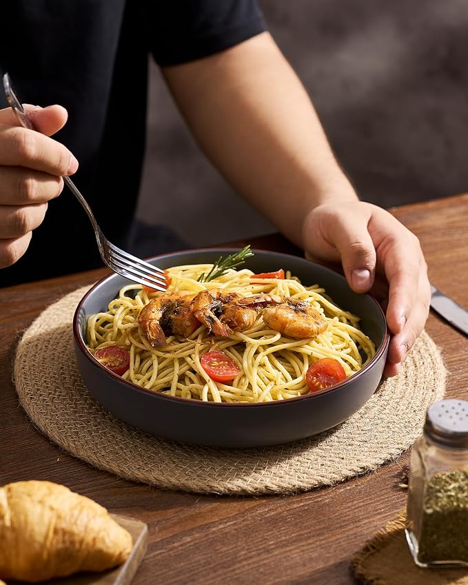 famiware Mercury Pasta Bowls Set of 8, 33 oz Large Salad Bowls, Charcoal | - Image 6