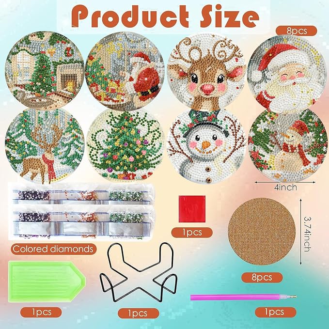 ijbnhd 8 Pcs Christmas Diamond Art Coasters 4x4 in - Image 3