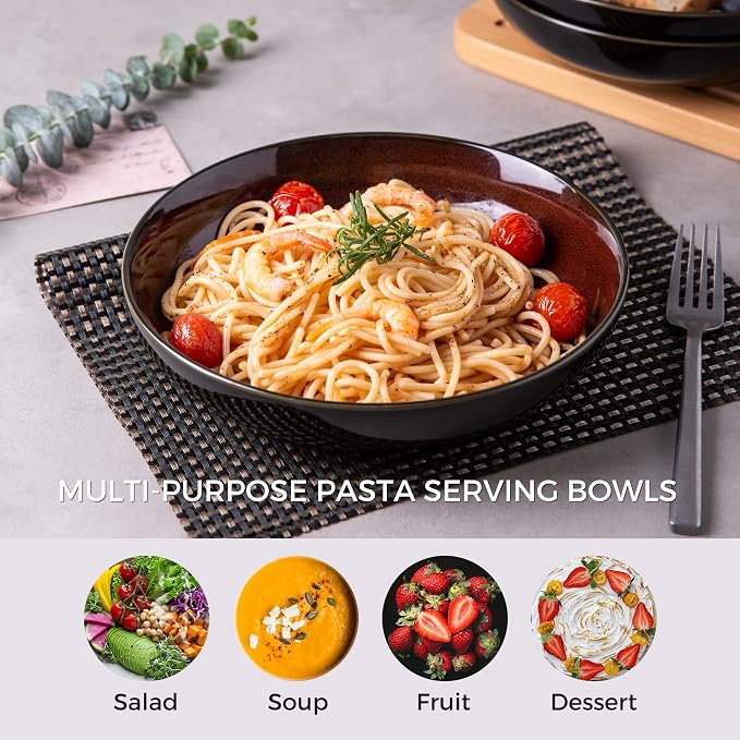 LERATIO 9.0" Ceramic Pasta Bowls Set of 4, 38oz Large Stoneware Bowls Set | - Image 4