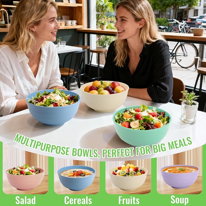 Large Serving Bowls Set of 6, 60 OZ Wheat Straw Bowls Unbreakable, Microwave - Image 6