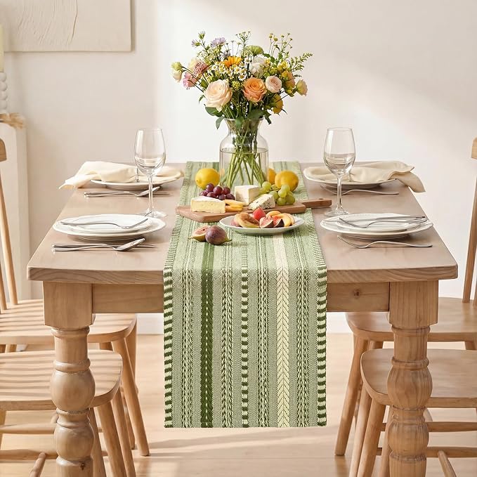 Artoid Mode Army Green Farmhouse Stripe Braided Table Runner 12x72 Inch | - Image 2