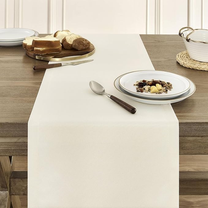 Basic Linen Style Table Runner, 14x36 Inch Ivory | Mitered Corner Design - Image 5