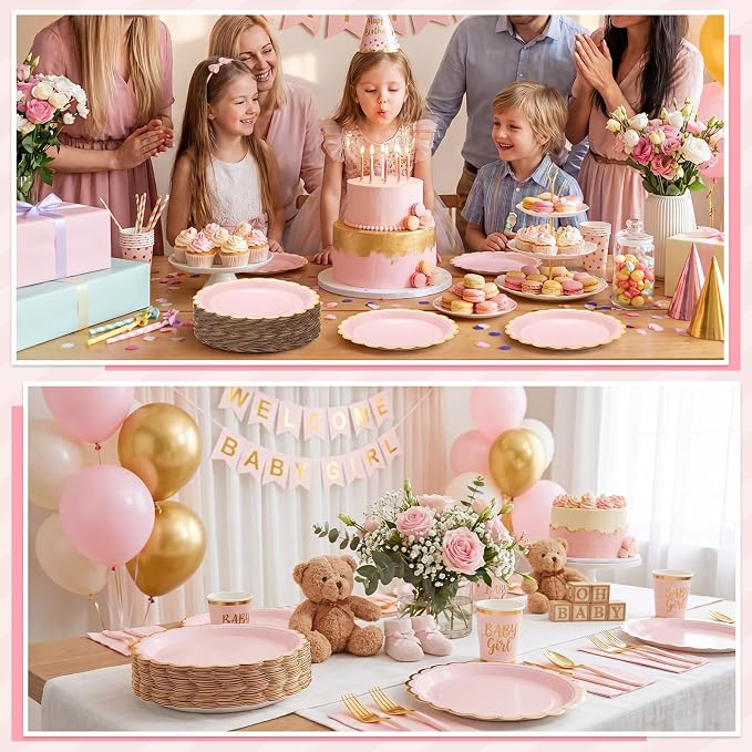 NatNarr 30 Pk Pink Gold Plates 9" Disposable Scalloped Pink Paper Plates | Cute - Image 5