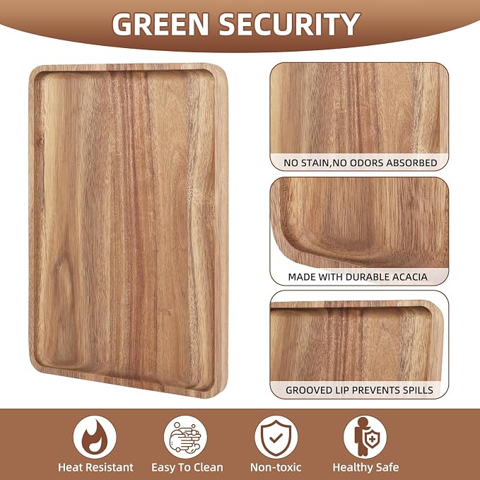 2 PCS Solid Acacia Wood Serving Trays 13 * 9 inch Rectangular Wooden Serving - Image 3