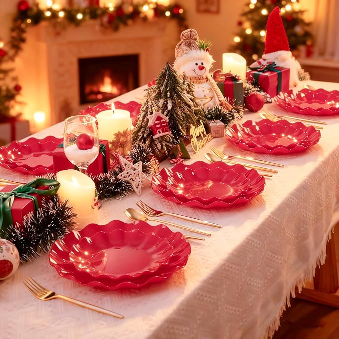 LIYH 50 Pcs Red Plastic Plates Reusable Christmas Plastic Plates Unbreakable - Image 8