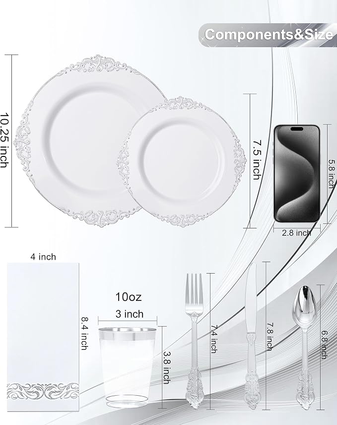 Nervure 175Pcs Silver Plastic Plates, Plastic Dinnerware Set - Image 9