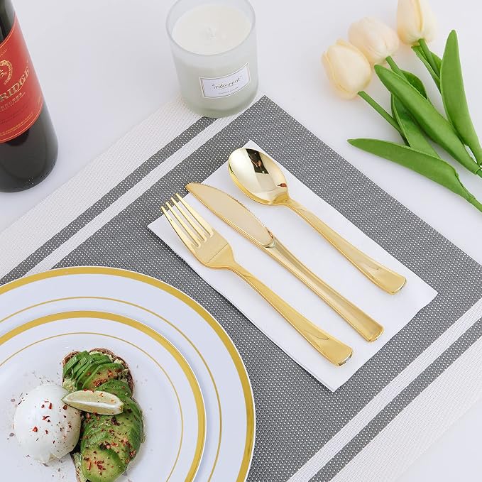 25 Guests Plastic Plates Set Gold Disposable Dinnerware Set | Include 25 Pc 10" - Image 6