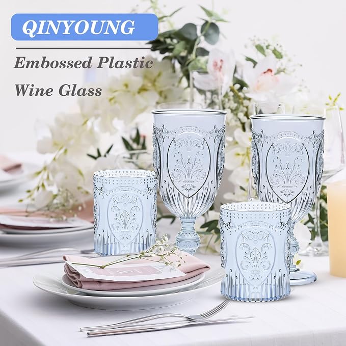 Qinyoung 12 Plastic Vintage Drinking Glasses 8.5oz Stemless Retro Embossed Wine - Image 7
