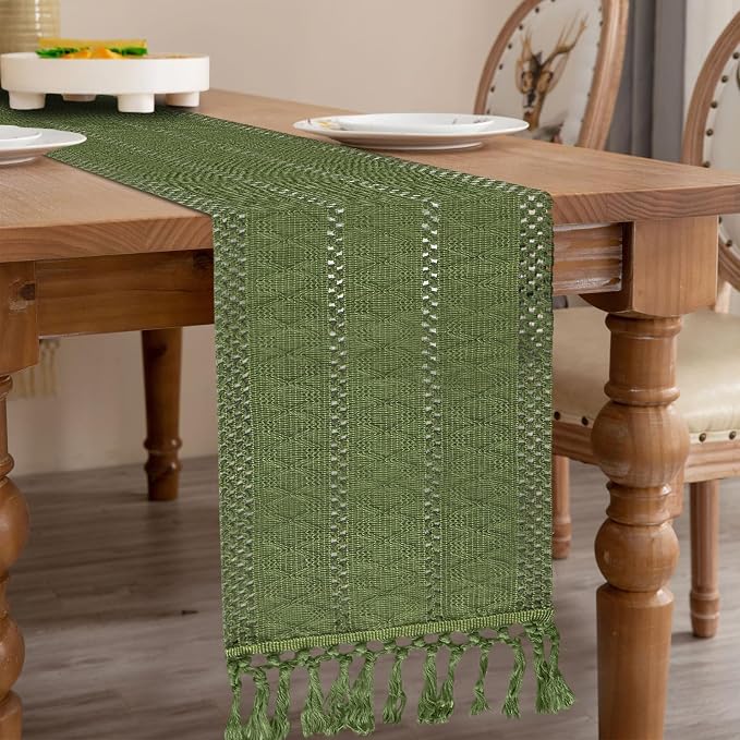 Sage Green Boho Table Runner for Home Decor 108 Inches Long - Image 3