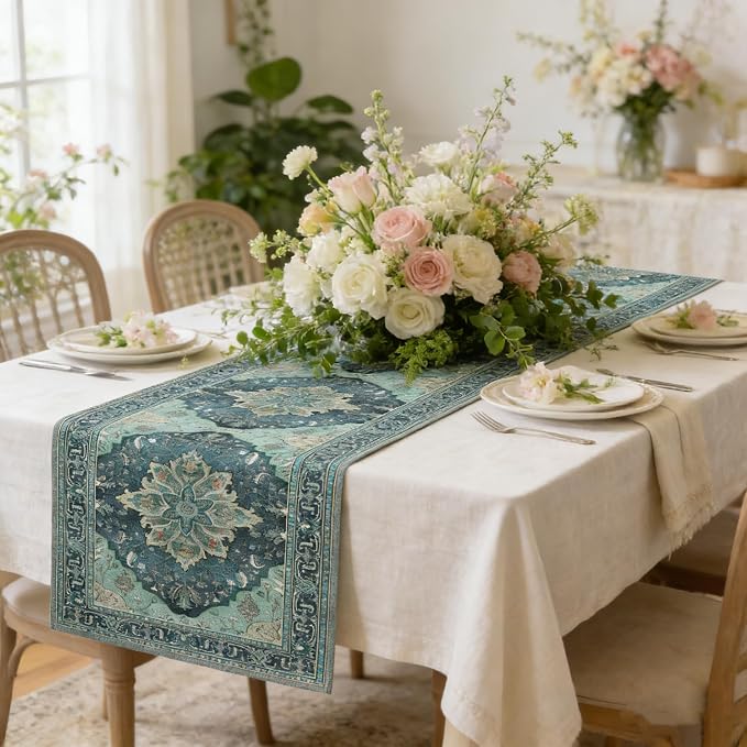 OYIMUA Boho Floral Pattern Summer Table Runner 36 Inches Long Teal and Blue - Image 4