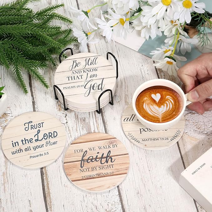 Billbotk Ceramic Coasters with Bible Verses, Christian Coasters Set of 8 with - Image 6