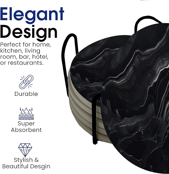 Dark Black Marble Round Coasters Set of 6 - Image 3