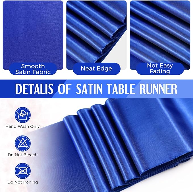 8 Pack Black and Blue Disposable Plastic Tablecloths and Satin Table Runner Set - Image 3
