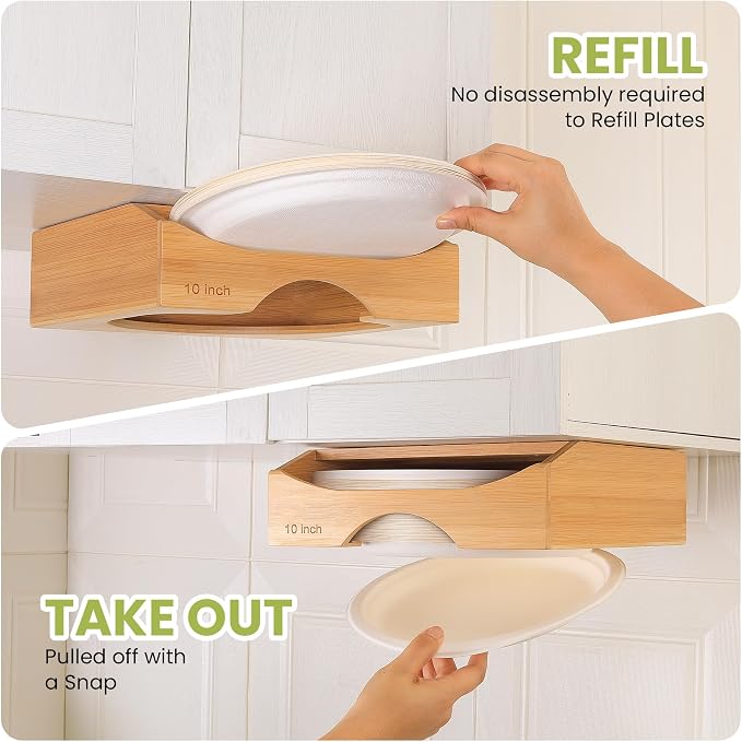 10-inch Paper Plate Dispenser Under Cabinet, Bamboo Paper Plate Holders - Image 7