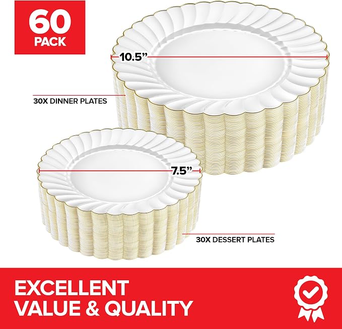 Stock Your Home 60 Pack – Elegant Ivory & Gold Scalloped Plastic Plates – - Image 2