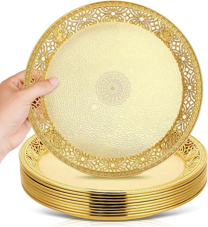 10 Pack Gold Plastic Serving Tray Bulk Lightweight Round Party Snack Serving by Unknown