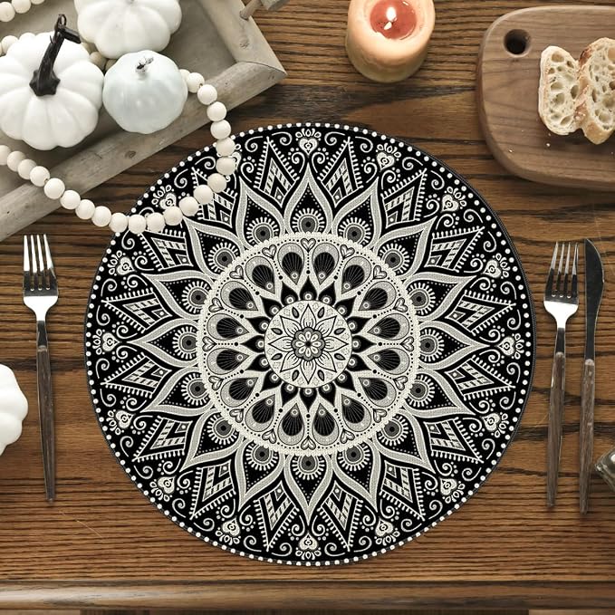 Artoid Mode Black Mandala Round Placemats Set of 4, 14 Inch Seasonal Spring - Image 2